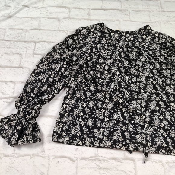 Sandy & Sid womens button down flounced long sleeve shirt black floral top sz M - Picture 7 of 11